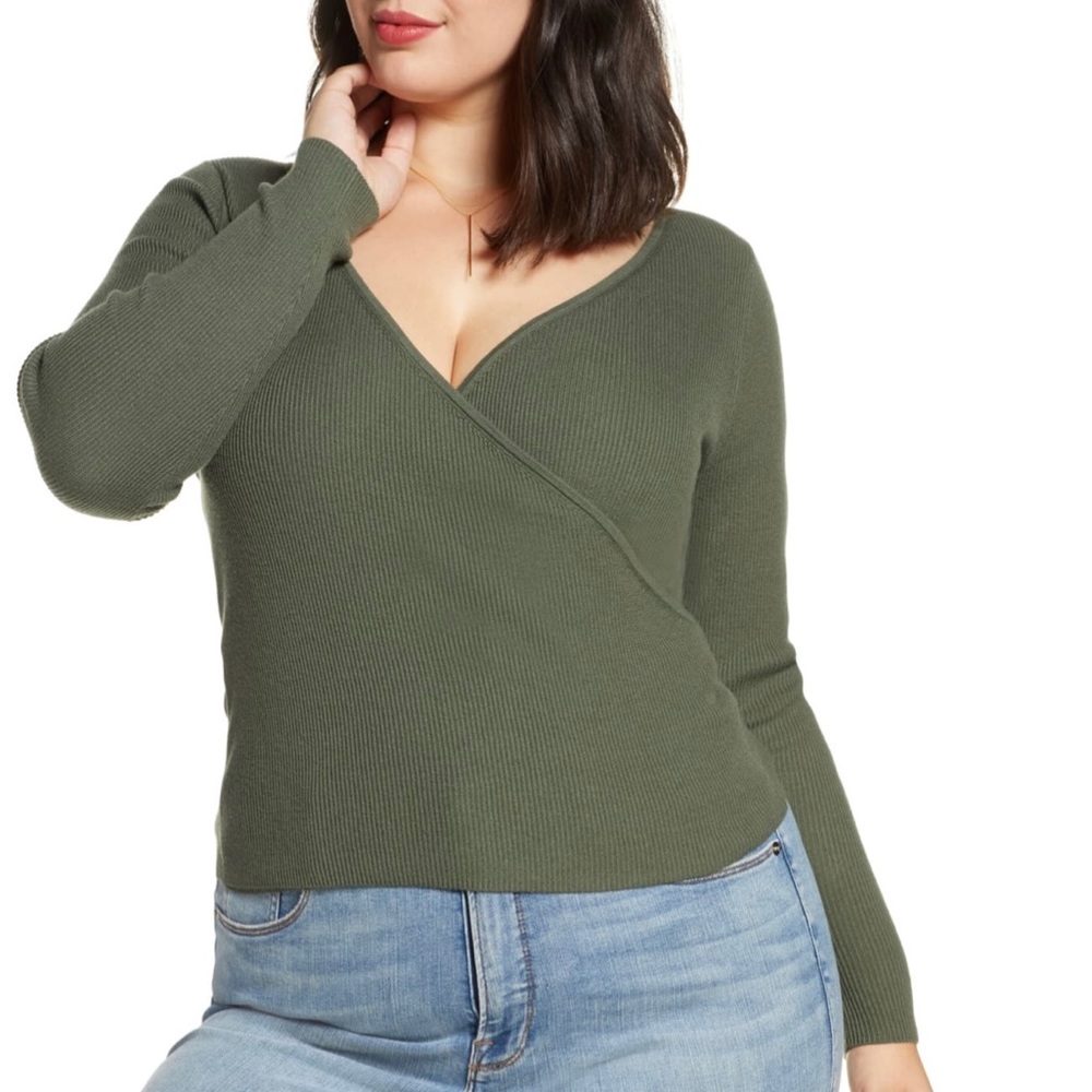 Nordstrom Ribbed Wrap Front Sweater Green 2X NEW